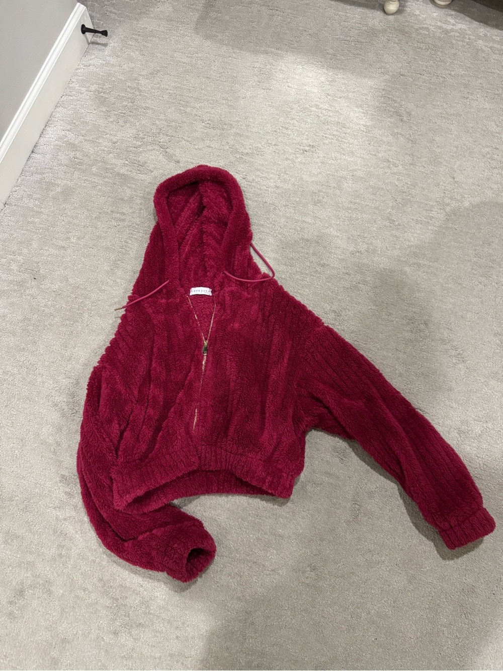 Plush Hooded Teddy Jacket in Deep Wine Red
